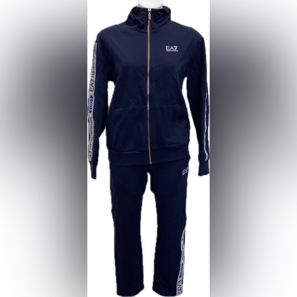 EMPORIO ARMANI EA7 BLUE WHITE LOGO ZIP UP JOGGERS MATCHING SET LUXE TRACKSUIT